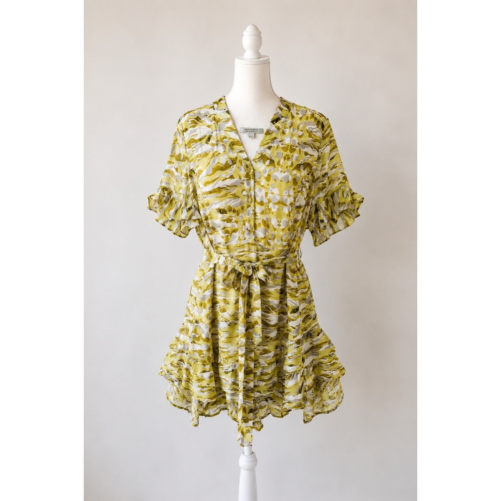 All Saints Frankie Oniyuri Yellow Tiger Lily Camo Ruffle Mini Dress Size 8
